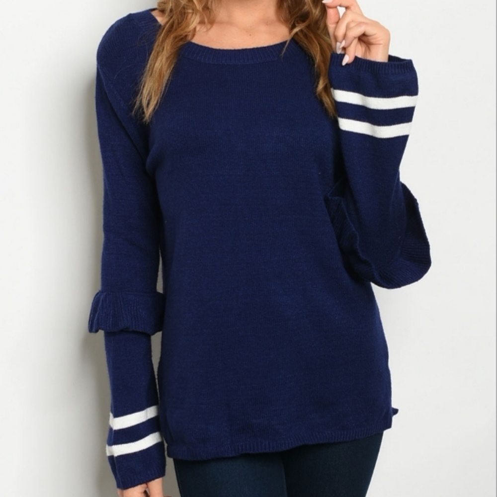 S or L Navy Ruffle Sleeve Sweater top - Picture 1 of 8
